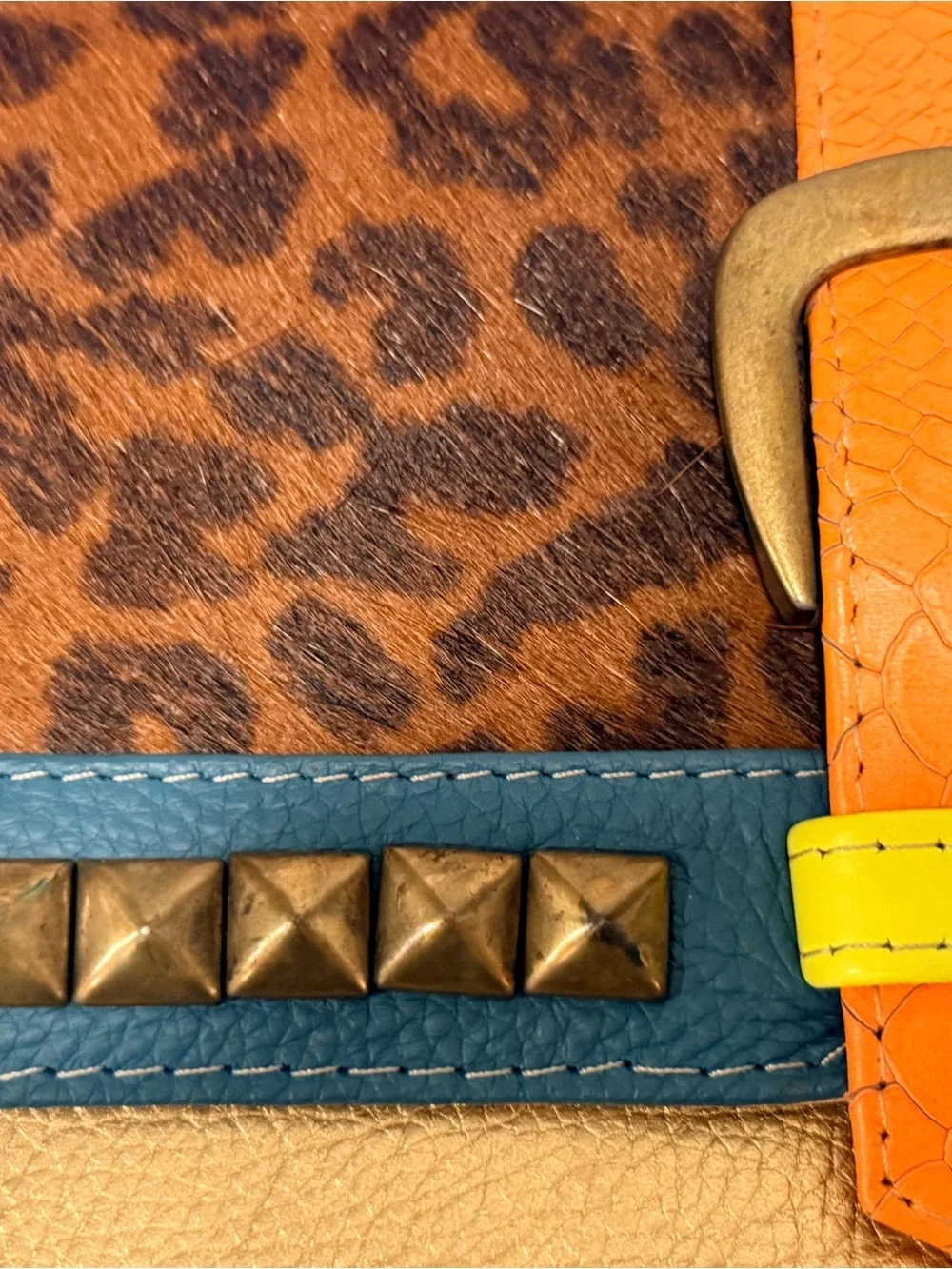 Rare Vintage Genuine Argentine Leather Leopard - print, Gold Clutch